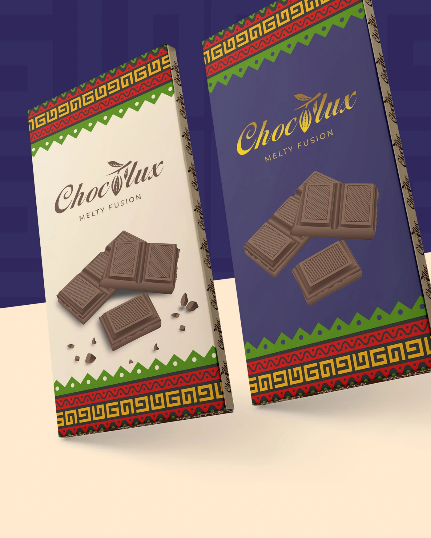 Chocolux bars in cream and indigo packaging